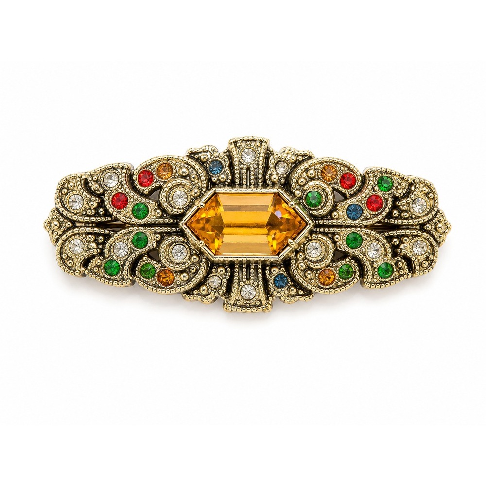Vintage Art Deco Revival Brooch Amber Rhinestone Multicolor Crystal Gold Tone